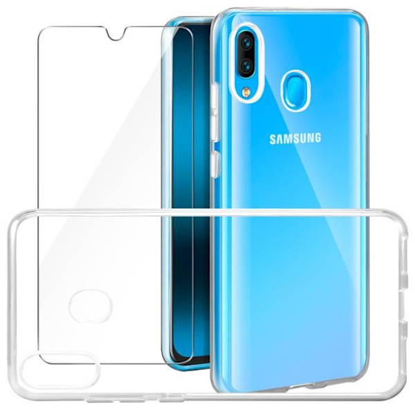 Fodral för Samsung Galaxy A40，Silikontransparent TPU-fodral Skyddsfodral + härdat glasfilm för skydd