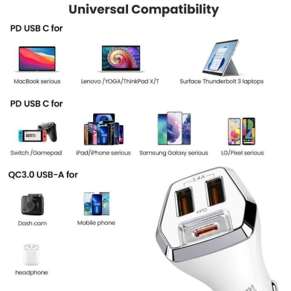 3-Port USB 2.4A og USB-C PD Biloplader - BOOLING - Hvid - Cigarettænderstik - Universal Vit