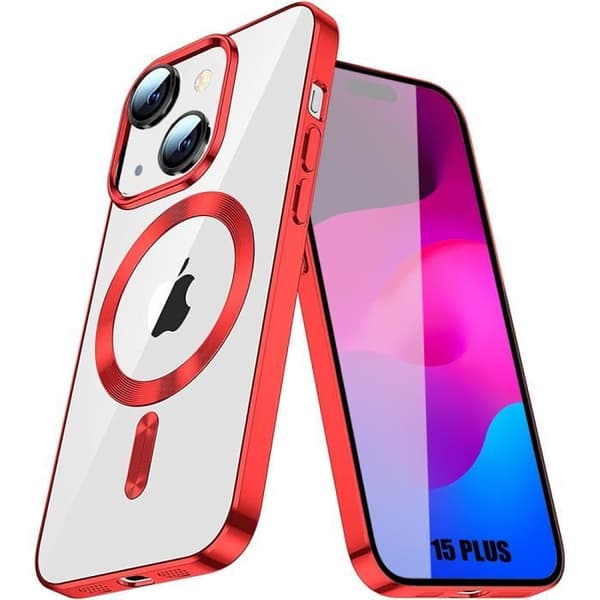 Coque - BOOLING - för iPhone 15 Plus - Stötabsorberande - Kromad Kant - Magnetisk Cirkel Röd