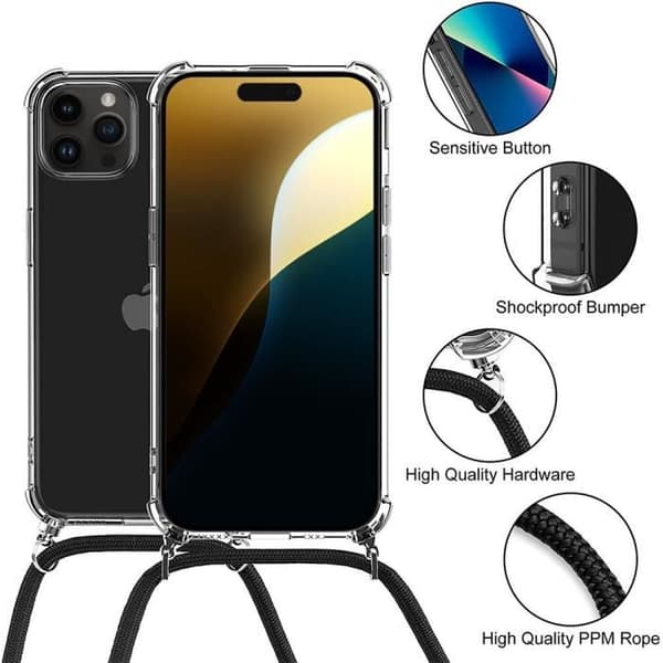 Coque Cordon - AntiChoc - för iPhone 16 Pro Max - Förstärkt skydd - Transparent - Vit snodd Vit, klar