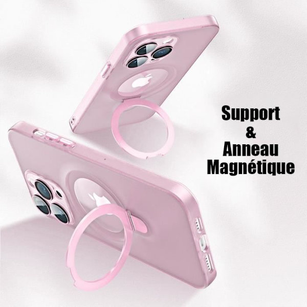 Fodral för iPhone 15 Pro Max, hårt stötsäkert skydd med magnetisk ringhållare och kameraskydd - halvtransparent rosa Rosa