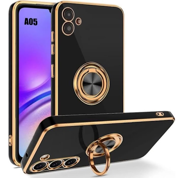 Fodral för Samsung Galaxy A05 (ej för A05s), stötsäker mjuk TPU med roterande ringhållare och pläterad kant - svart