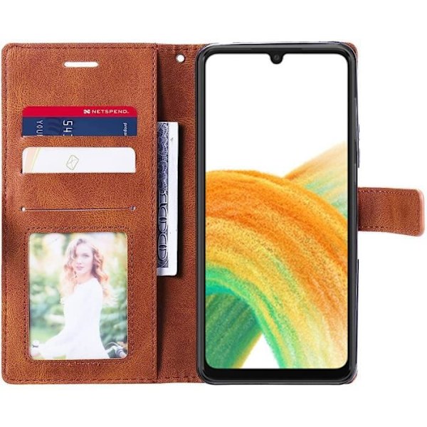 Skyddande skal för Samsung Galaxy A33 5G - BOOLING - Stötabsorberande med sedelfack - Mjuk PU-läder Brun kastanj