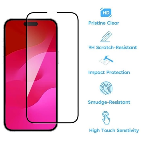 Härdat glas - BOOLING - iPhone 15 Pro - Set med 3 - 9H skydd - Anti-skrapa Transparent med svart kant