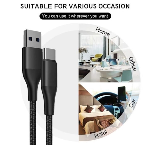 Paket med 2 Nylon Snabb USB-C-kabel för Samsung Galaxy A05s A15 A25 A35 A55 - 1 meter svart