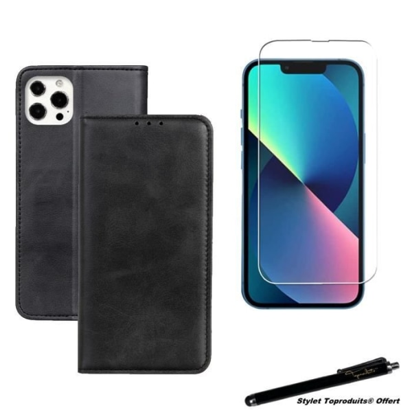 Plånboksfodral - Toproduits® - iPhone 13 Pro - Polyuretanläder - Härdat glas - Reptåligt Svart