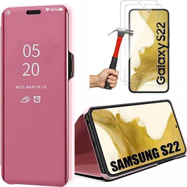 Skyddande skal för Samsung Galaxy S22 - BOOLING - Smart Case - Spegeleffekt - Stöttålig - Rosa - 2 Härdade glas Rosa