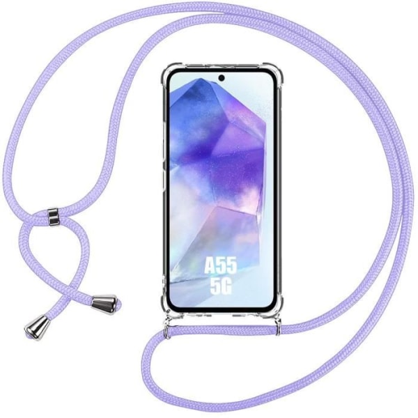 Sladdfodral för Samsung Galaxy A55 5G, stötsäkert transparent silikonfodral med justerbar lila sladd