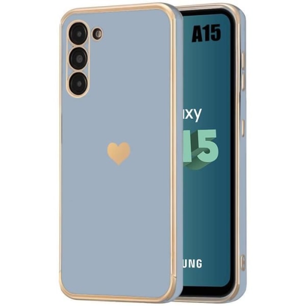 Fodral för Samsung Galaxy A15 4G-5G, stötsäker flytande silikon, lyxig stil med guldhjärtmönster och plätering - blå