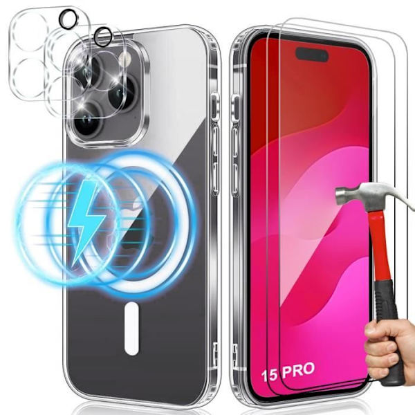 Fodral för iPhone 15 Pro med magnetisk cirkel + 2 härdade glasögon + 2 bakre linsskydd