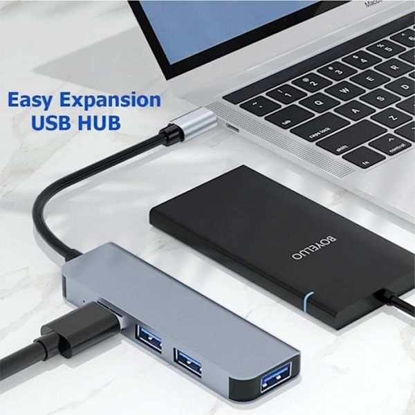 Hub-adapter USB-C 4 i 1 - BOOLING - MacBook Air-Pro iMac - 1 USB 3.0 - 3 USB 2.0 - Aluminium grå