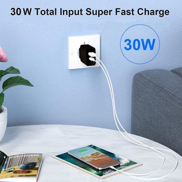 Laddare 30W 2 portar - PD20W+QC3.0 med USB-C-kabel för Xiaomi Redmi Note 14/13 Pro Note 13 5G Redmi 13C/14C - Svart Svart