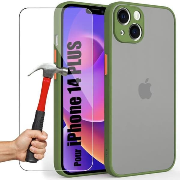 Coque - Kaki - för iPhone 14 Plus - Hård Silikon - Stötsäker - 2 Härdade Glas Kaki