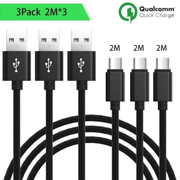 Mikro USB-kabel - E.F.CONNECTION - 3-pack - 2M - Svart nylon - Kompatibel med Android