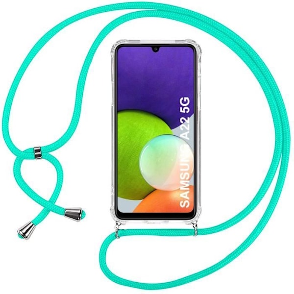 Lanyardfodral för Samsung A22 5G (6,6") Stötsäkert TPU-förstärkt hörn + grönt snöre Transparent-Grön