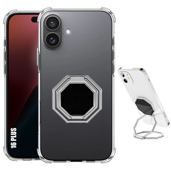 Fodral för iPhone 16 Plus, genomskinlig stötsäker med vikbart silvermetallställ