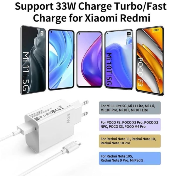 33W USB-hurtigoplader + 6A USB-C-kabel til Redmi Note 8-8 Pro-8T, Note 9-9 Pro-9T, Note 10 4G-5G, Note 10 Pro Vit