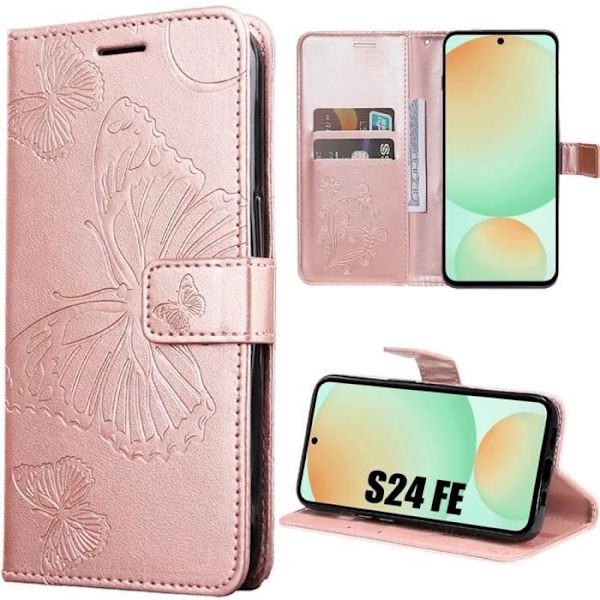 Fodral för Samsung Galaxy S24 FE (ej för S24) Stötsäker lädereffekt med rosa fjärilsmönster