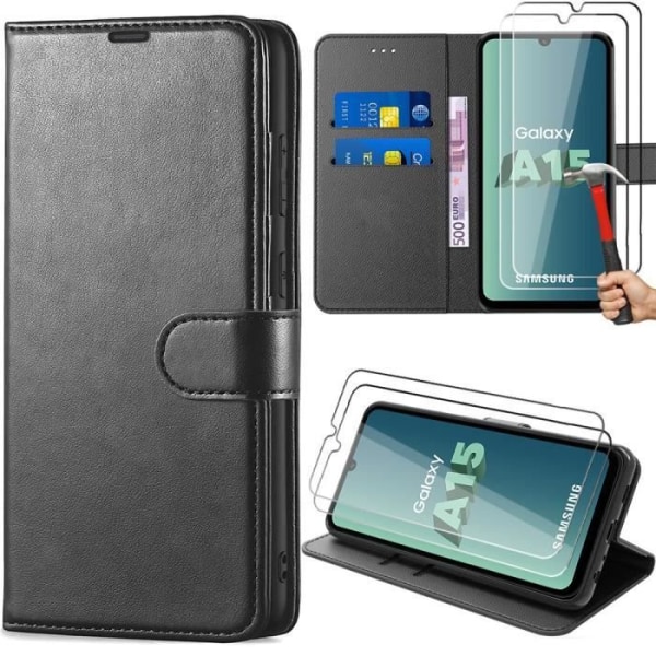 Skyddsfodral - Samsung - Galaxy A15 - Svart PU-läder - Kortfickor - 2 Härdade glas Svart