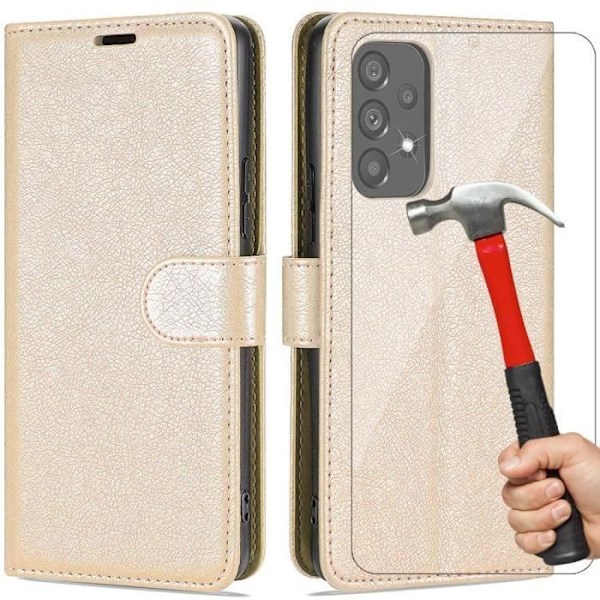Skyddsskal - BOOLING - för Samsung A33 5G - Rep-resistant - Stötskydd - Guld lädereffekt - 2 härdade glas gyllene