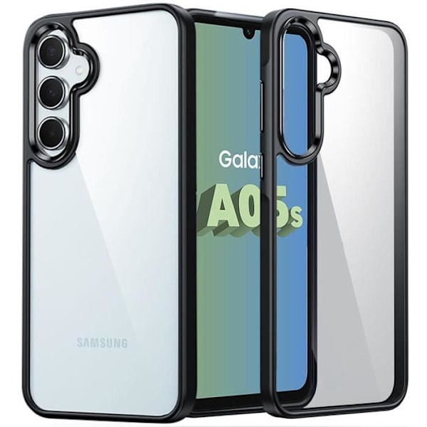 Fodral för Samsung Galaxy A05s med 2 härdade glasögon, stötsäker tunn genomskinlig hård rygg + svart silikon