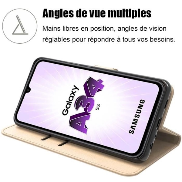 Fodral för Samsung Galaxy A34 5G med 2 härdade glasögon - skyddande guldlädereffekt magnetisk stängning