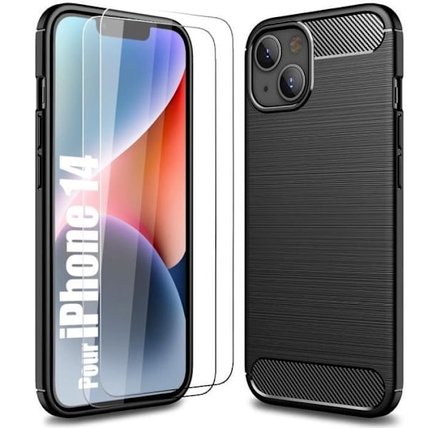 Beskyttelsescover til iPhone 14 - BOOLING - Mat Sort Chic - Flexible - Carbonfiber - 2 hærdede glas Svart