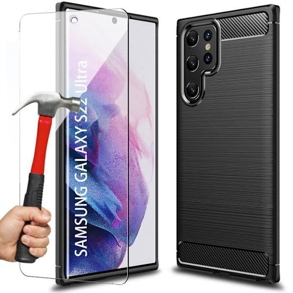 Skyddsfodral för Samsung S22Ultra - PROSHOP - Svart - Flexibelt - Kolfiber - Designlinjer - 2 Härdat glas Svart