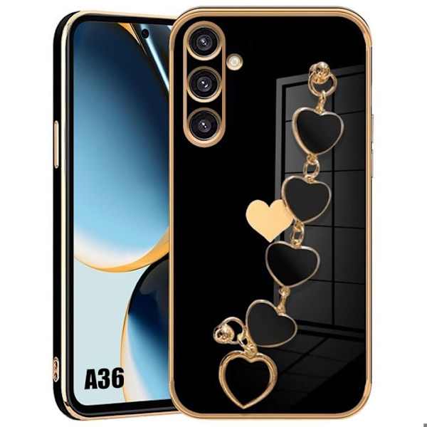 Coque för Samsung Galaxy A36 5G, Silikon Mönster Hjärta Mjuk Repfunktion med Svart Armband Svart