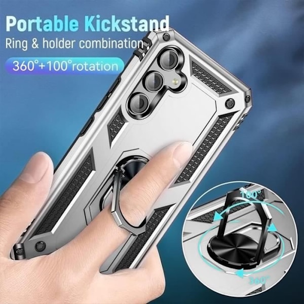 Skyddande skal - BOOLING - Samsung Galaxy A15/A15 5G - Silver - 360° roterande ställ - 2 härdade glas. Silver