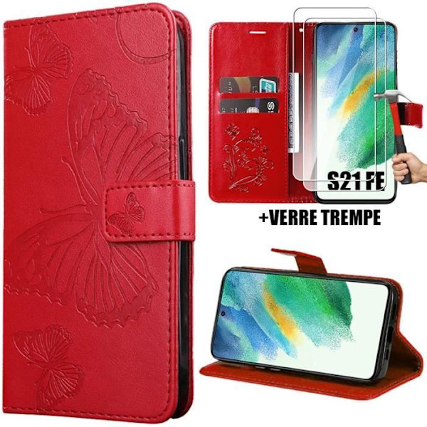 Coque - Samsung - Galaxy S21 FE - Röd Syntetiskt Läder - Fjärilsmönster - 2 Härdat Glas Röd