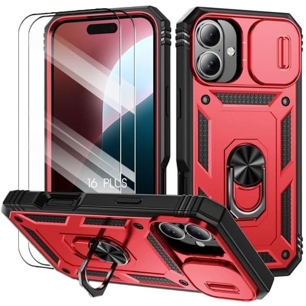 Skyddshölje - BOOLING - för iPhone 16 Plus - Stötskydd - Snurrbart ringstöd - Röd - med 2 Härdade Glas Röd