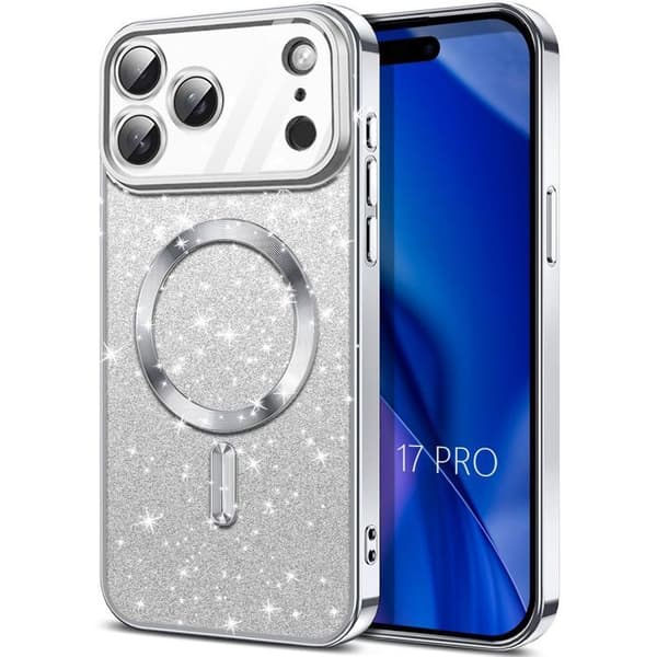 Stöttålig Skal - BOOLING - för iPhone 17 Pro - Glittrande med Silverfärgad Magnetring Silver