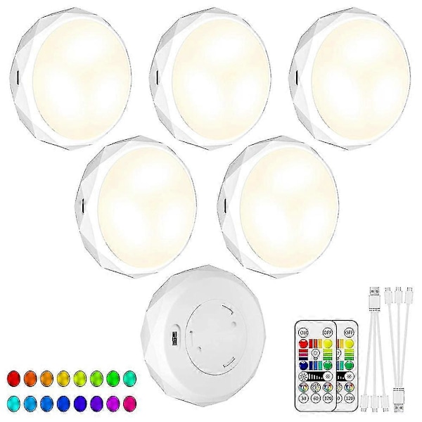 Laddningsbara LED-Pucklampor 6-pack, under-bänksbelysning med fjärrkontroll, dimbar RGB, 16 färger, timer