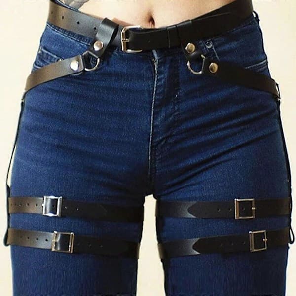 Lær Body Harness Midjebelte Benstrømpe Punk Goth Selestropp