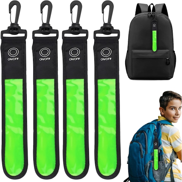 LED Blinkende Lys til Skoletasker, 4 Styk Børne Reflektorer Blinkende Lys, Skoletasker med 3 Tilstande, Sikkerhedslygter, Vandafvisende Reflektor (Gul) Green