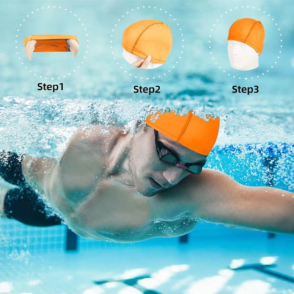 2 stk elastiske badehetter komfortable sklisikre stoff svømmehette lette badehetter for kvinner menn barn til svømming Black, Orange