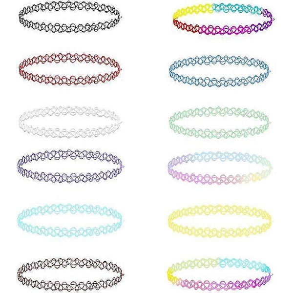 12-pack Tatuering Choker Halsband Set Mode Stretch Gothic Elastiskt Krage Smycken Set Kvinnors Halsband Smycken för Kvinnor Flickor