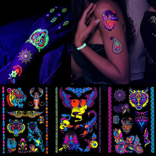 Neon Glow in the Dark Tillfälliga tatueringar, 80+ UV-falska tatueringsklistermärken, för män Kvinnor Vuxna Festtillbehör Nattpub Grå 42
