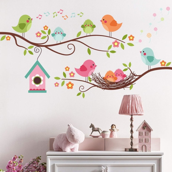 Robin Fågel och trädgren väggdekal, färgglad söt tecknad söt fågel som sjunger på trädgrenen, med blomsterrum