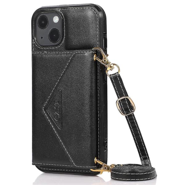 Mobilskal för iPhone 15 Triangel Lock Kortfack Läder+TPU-skydd med Lång Rem