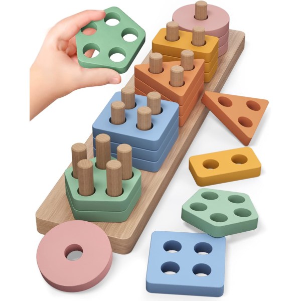 Leksaker för 1 2-åring, sorterings- och staplingsleksaker i trä för småbarn, baby och färgstaplarblock för toddler, förskoleleksak