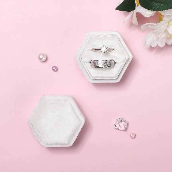 Sammetssmyckesringask, Hexagon Underbar vintage dubbelring presentförpackning med avtagbart lock för bröllopsceremonin (vit)