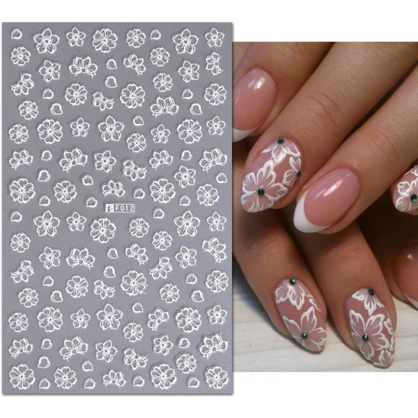 Blomma Nagelklistermärken Nageldekaler för kvinnor Nail Art Supplies Utsökt Vit Blomma Rose Leaf Nail Designs Tillbehör Kit 3D Self 8 Sheets