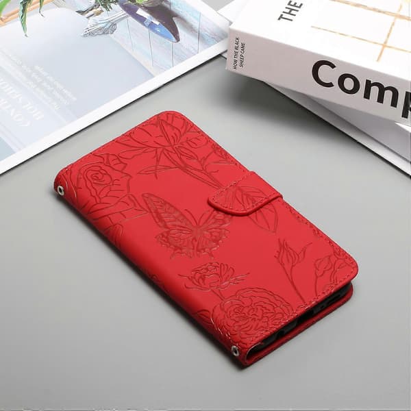 For iPhone 12 mini Leather Feel Butterfly Peony Embossed Leather Phone Case