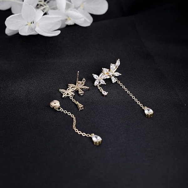 925 Sterling Silver CZ Flowers Wrap Örhängen Dangle Chain för kvinnor Flickor Eleganta dinglande örhängen
