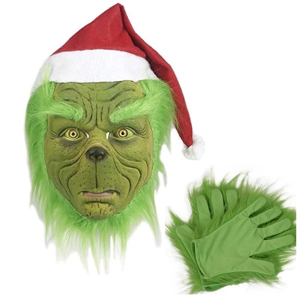 Grinch Maske Brun Hår Monster Grinch Latex Hovedbeklædning Bold Sjov Karneval Juletilbehør Grinch Hovedbeklædning + Handsker + Julemandshue