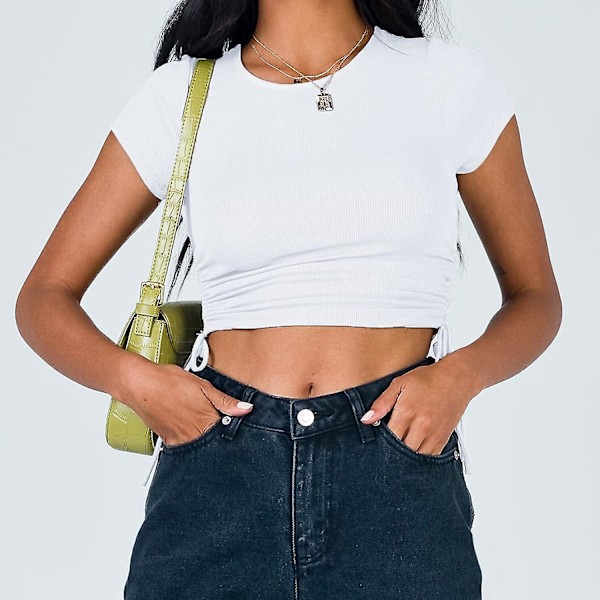Naisten pyöreäkauluksiset lyhythihaiset kiristysnyörisivuiset slim fit -joustavat crop topit
