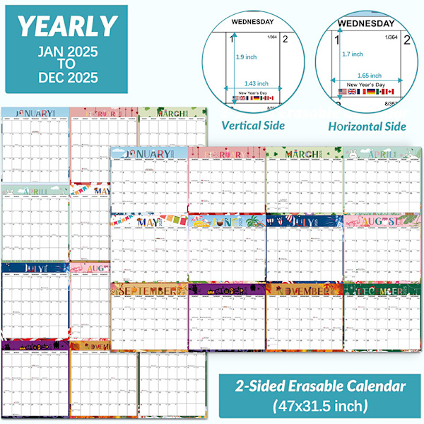 2025-kalender extra stor väggdekor utplånbar penna dubbelsidig planeringskalender memo