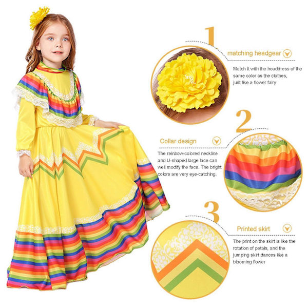 Mexicansk kjole - Traditionel mexicansk kjole Cinco De Mayo Fiesta kjole Folklorico dansekjole til børn